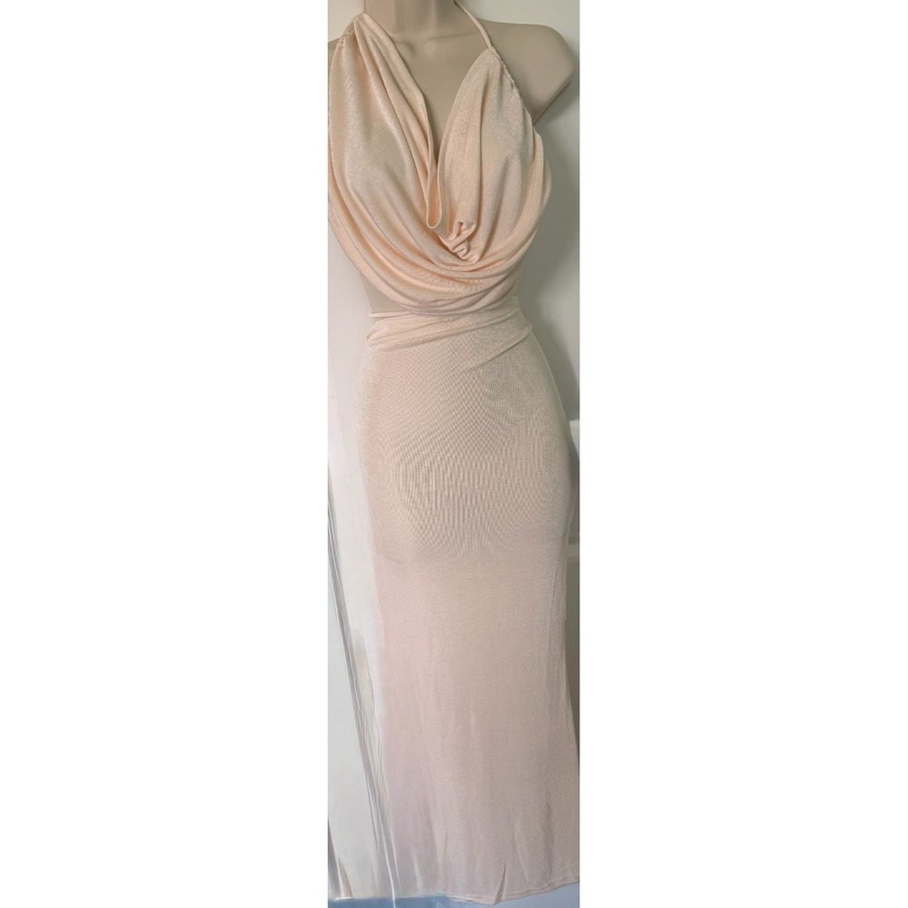 SALTY Nude Beige Shimmer Cowl Neck Halter Maxi 2 Pc Set Top Skirt Size L NWOT